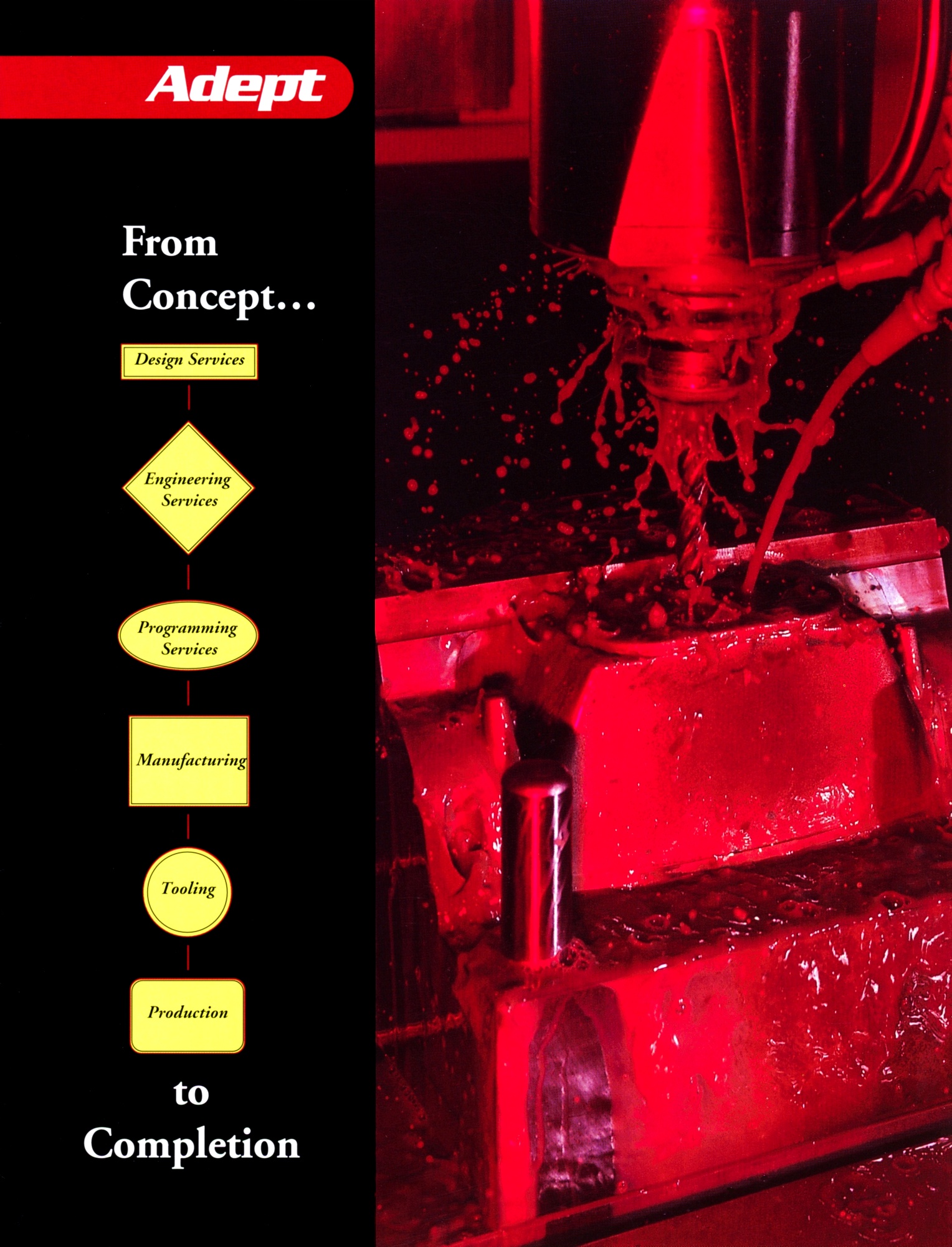 Red light on a milling machine shaping metal parts under a coolant stream.