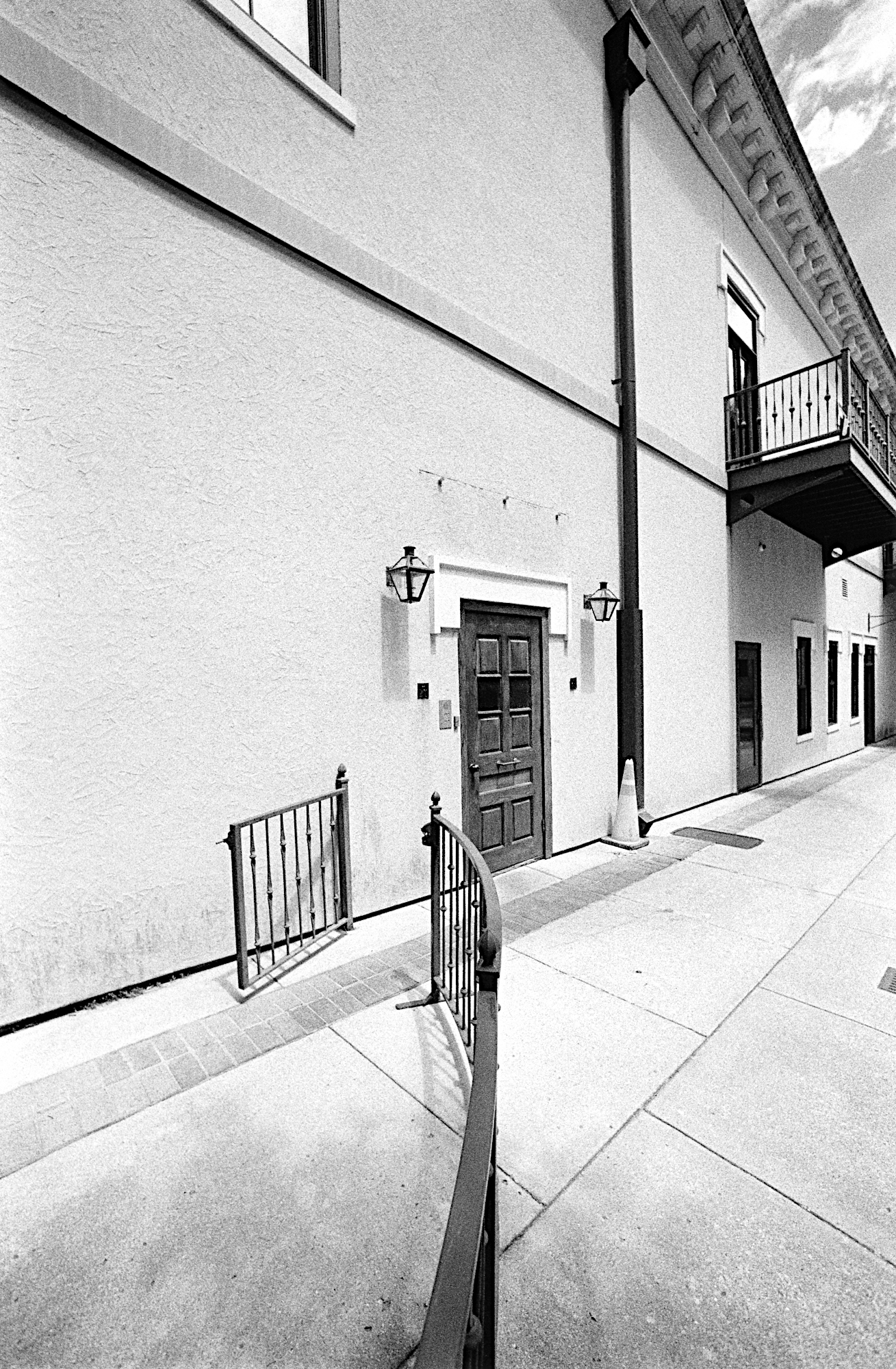 Sidewalk, Door, Gate, Nikon, F6, 14mm AF Nikkor, Red Filter, 1/180 at f5.6, HP5+ at EI 400, Rodinal 1:50